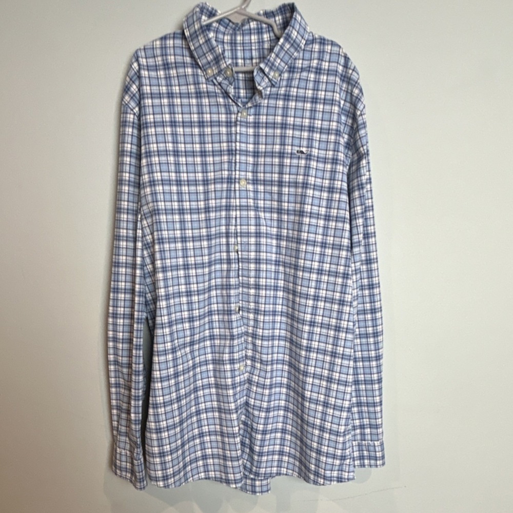 Vineyard Vines Plaid Button-Down Shirt Youth XL Blue White Nylon Long Sleeve‎